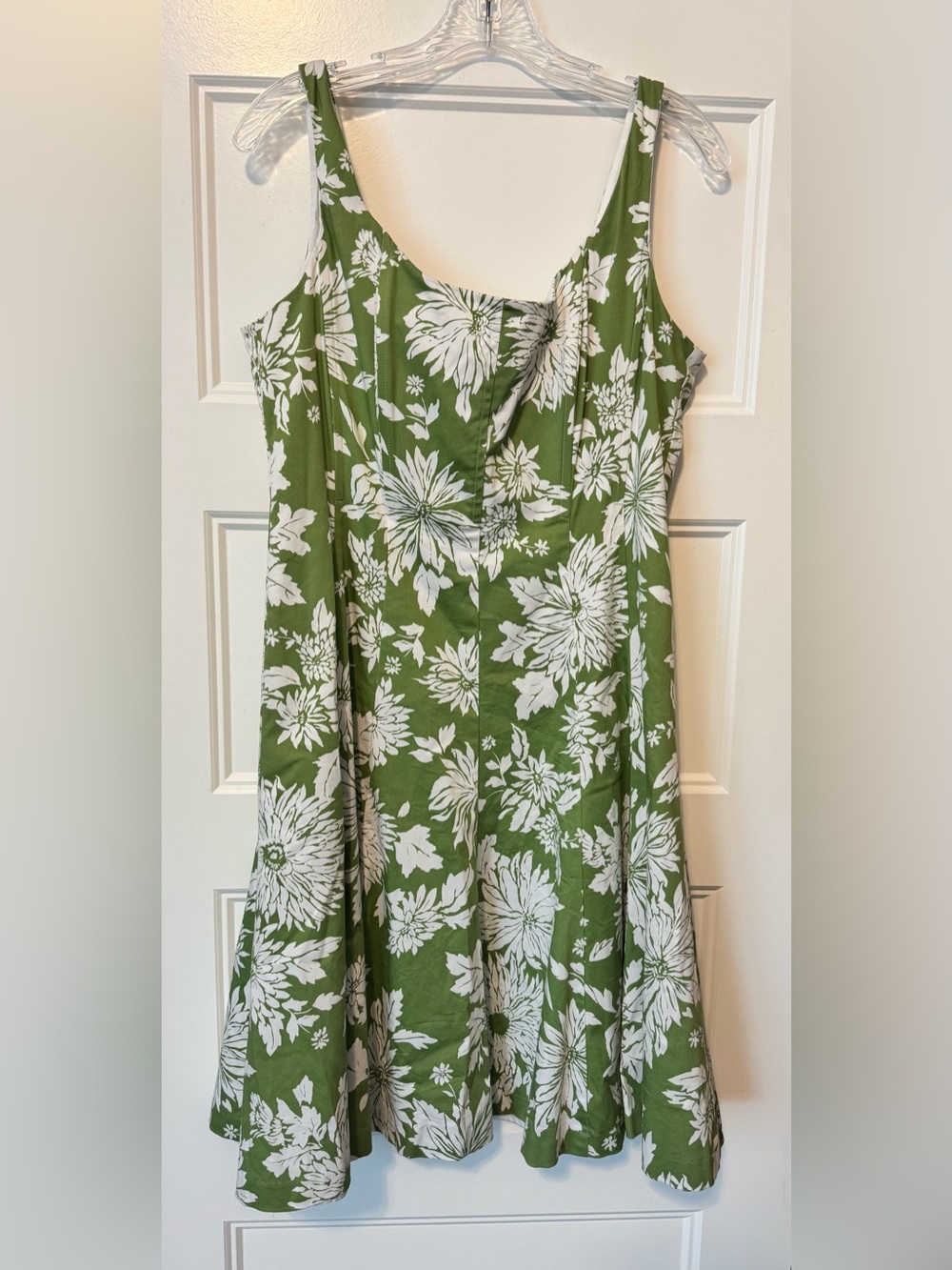 Jones Wear Dress Green White Floral Fit & Flare Sundress Size 14 Cotton Resort